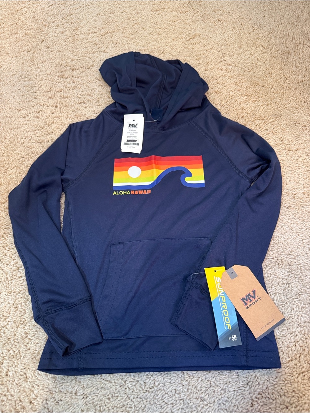 NWT MV Sport Boys Navy Aloha Hawaii Wave Hooded Sunproof Top